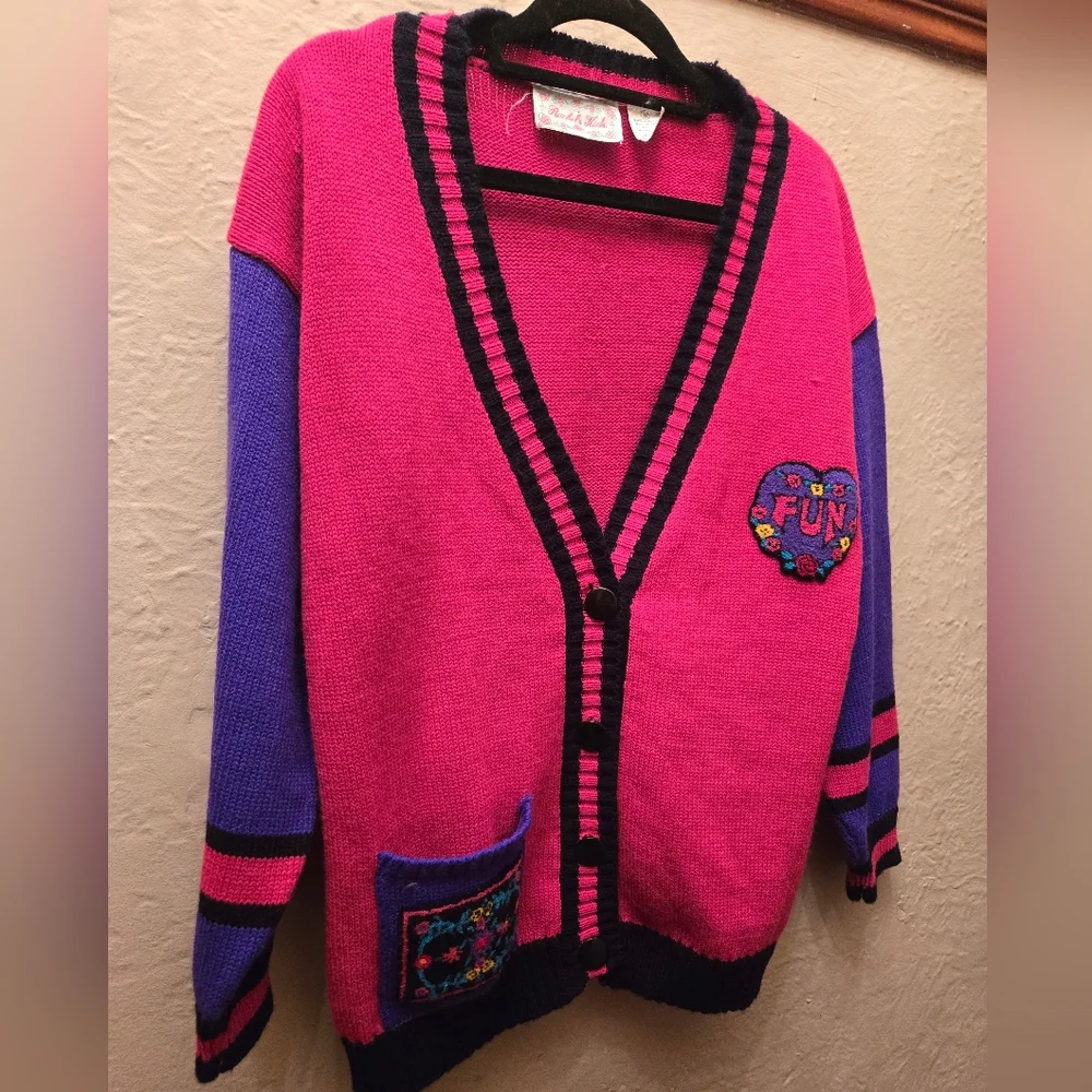 Vintage 80s Bright Pink Cardigan FUN Patch Rachel Kids - Picture 7 of 8